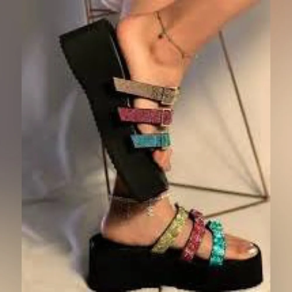 😎Cape Robbin Yellow, Coral & Teal Triple-Strap Platform Slide☀️BRAND NEW IN BOX